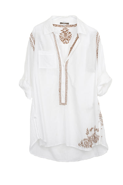 Subtle Luxury Shirts Boyfriend Shirt | Embroidery / XS/S / White/Brown Boyfriend White Cotton Shirt in Limited Supply Embroidery Sale Colors