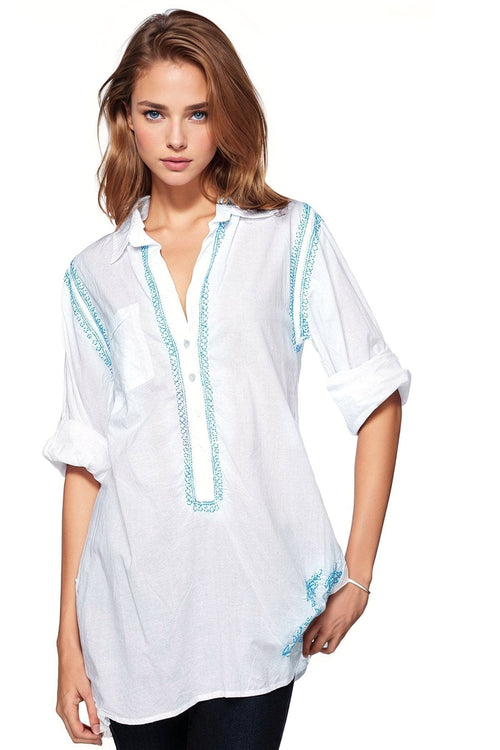 Subtle Luxury Shirts Boyfriend Shirt | Embroidery / XS/S / White/Electric Blue Boyfriend White Cotton Shirt in Limited Supply Embroidery Colors | On sale now