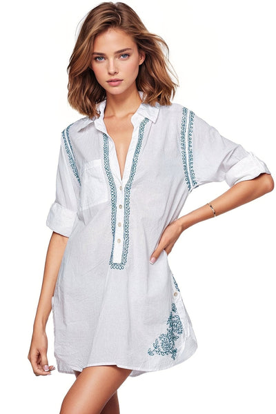 Subtle Luxury Shirts Boyfriend Shirt / XS/S / Blue Lotus Boyfriend White Cotton Shirt with Blue Lotus Embroidery
