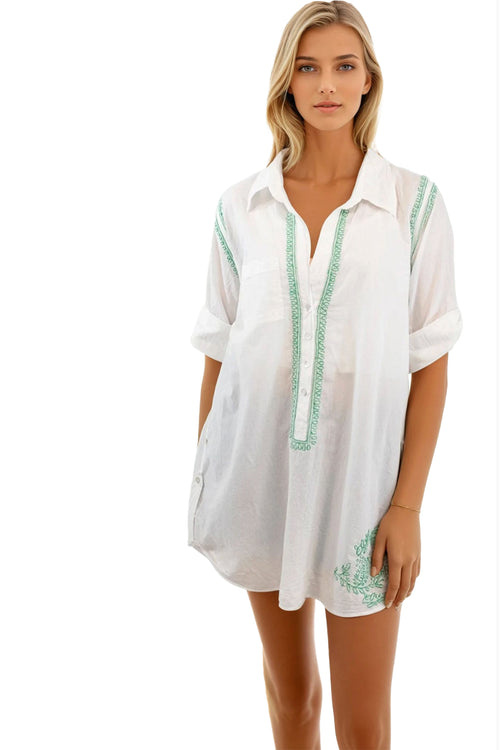 Subtle Luxury Shirts Boyfriend Shirt / XS/S / Palm Leaf Boyfriend White Cotton Button Shirt with Palm Leaf Embroidery