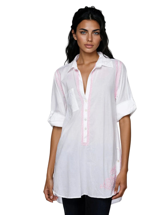 Subtle Luxury Shirts Boyfriend Shirt / XS/S / Pink Salt Boyfriend 100% Cotton White Shirt with Pink Salt Embroidery