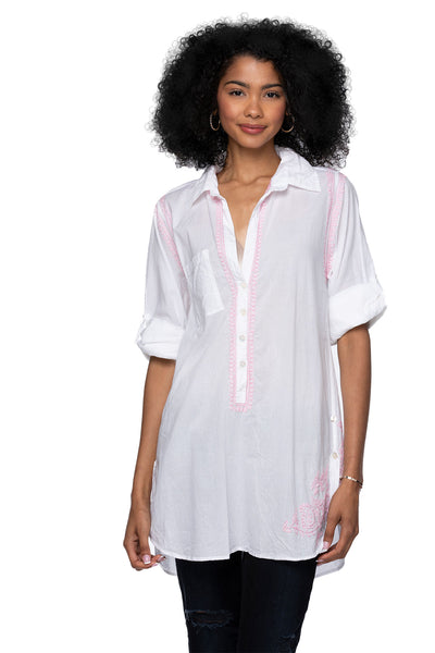 Subtle Luxury Shirts Boyfriend Shirt / XS/S / Pink Salt Boyfriend White Cotton Shirt with Pink Salt Embroidery