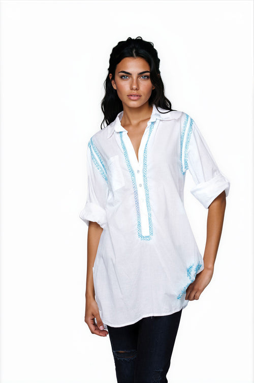 Subtle Luxury Shirts Boyfriend Shirt / XS/S / Tide Pool Boyfriend White Cotton Button Shirt with Tide Pool Embroidery