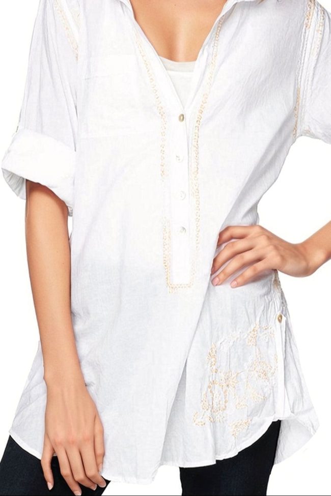 Subtle Luxury Shirts Boyfriend Shirt / XS/S / White w/Gold Lurex Ombre Boyfriend White Cotton Shirt with Lurex Embroidery