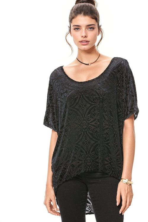 Subtle Luxury Shirts M/L / GM Geometric-Midnight Black Stretch Velvet Easy Fit Tee in Burn Out Patterns on Sale Now
