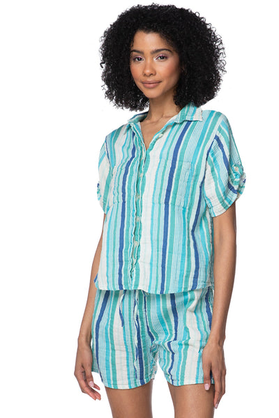 Subtle Luxury Shirts S/M / Montauk Stripe Print - Blue / 100% Cotton Double Gauze Double Gauze Getaway Camp Shirt - Printed
