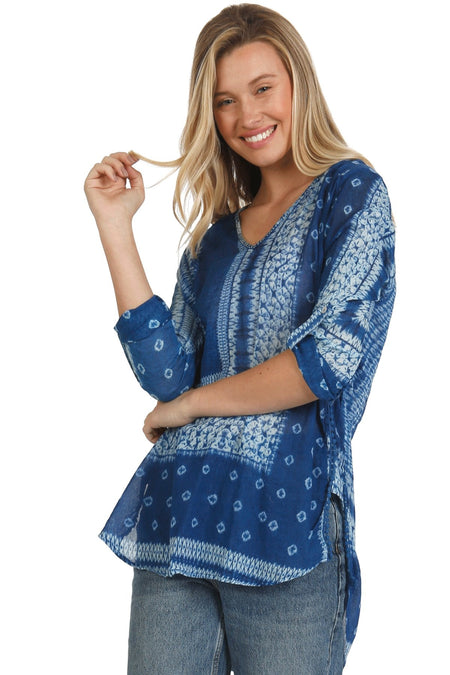 100% Silk Print Top with Sweater Rib Cuffs