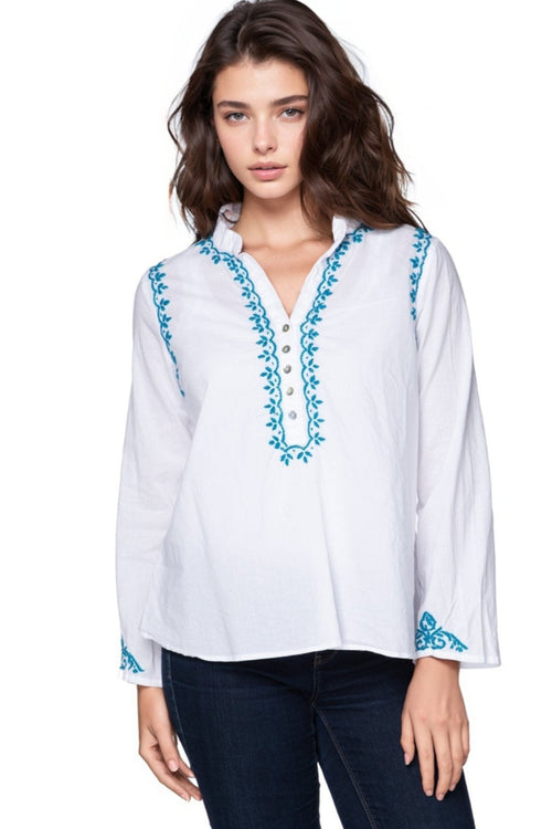 Subtle Luxury Shirts S/M / White w/Azul embroidery / 100% Cotton Long Sleeve Henley in Azul