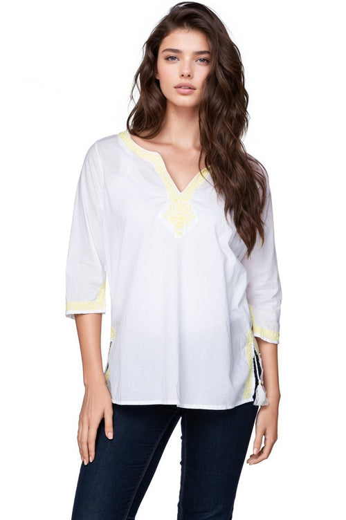 Subtle Luxury Shirts S/M / White w/Lemon embroidery / 100% Cotton Always Summer Kaftan