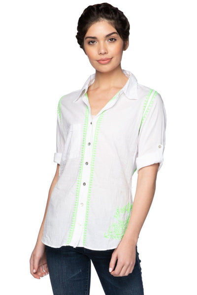 Subtle Luxury Shirts S/M / White w/Neon Green embroidery / 100% Cotton Hand Stitch Embroidery Fitted Girlfriend Shirt