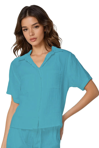 Subtle Luxury Shirts XS/S / Aquamarine / 100% Cotton Double Gauze Double Gauze Cropped Cotton Getaway Solid Camp Shirt