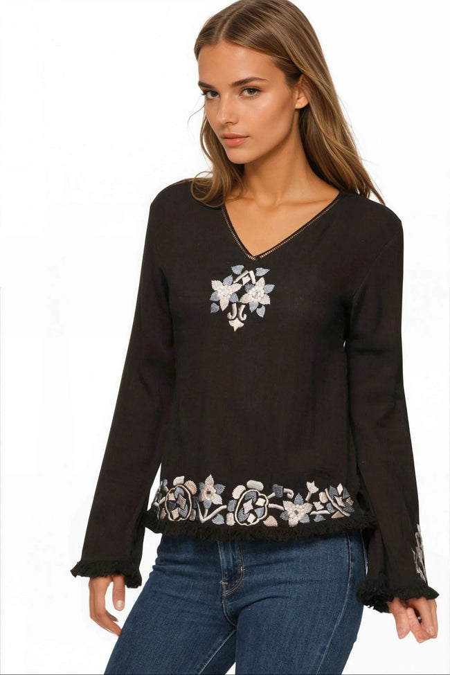 Subtle Luxury Shirts XS/S / Black / 100% Cotton Barcelona Bell  Embroidery Cotton Top