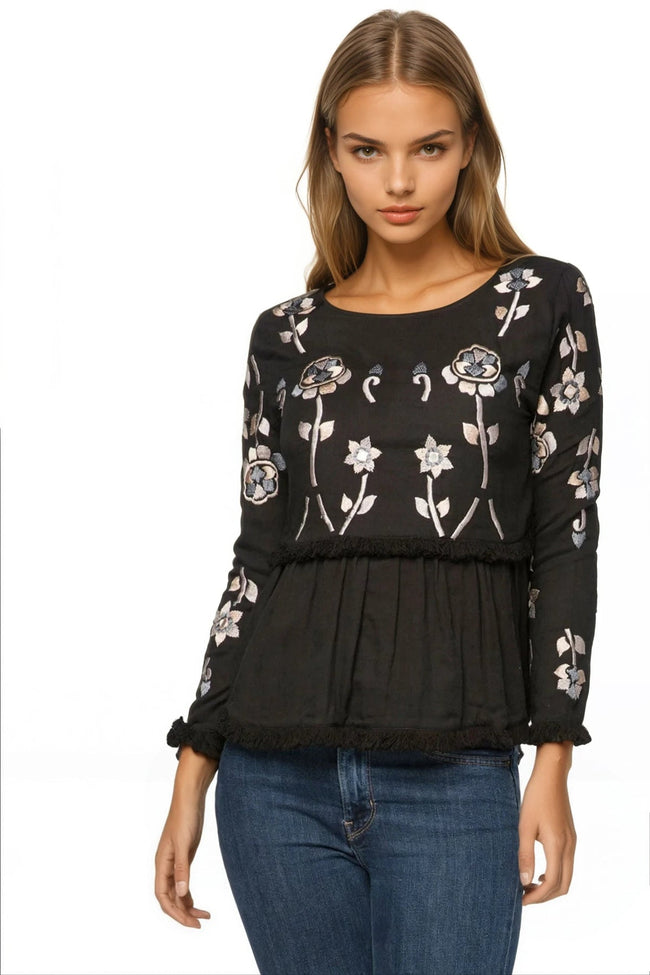 Subtle Luxury Shirts XS/S / BLK/NEU / 100% Cotton Layla Cotton Gauze Top with Embroidery