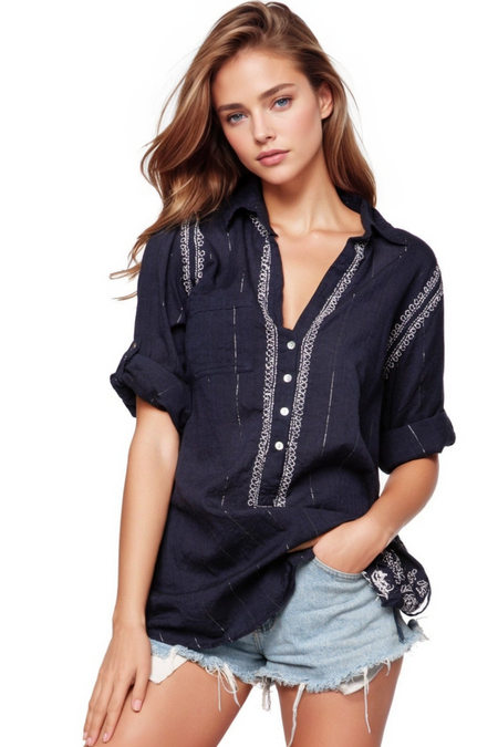Everyday Button Shirt Cotton Chambray Shirt with Embroidery
