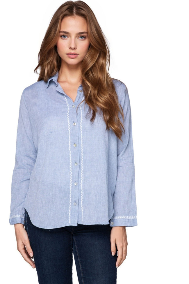 Subtle Luxury Shirts XS/S / Denim Blue / 100% Cotton Beloved Everyday Button Shirt Cotton Chambray Shirt with Embroidery