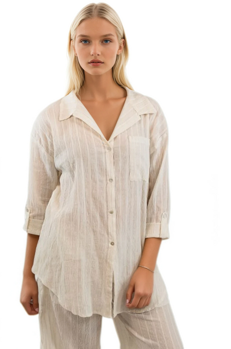 Boyfriend White Cotton Shirt with Mandarin Embroidery