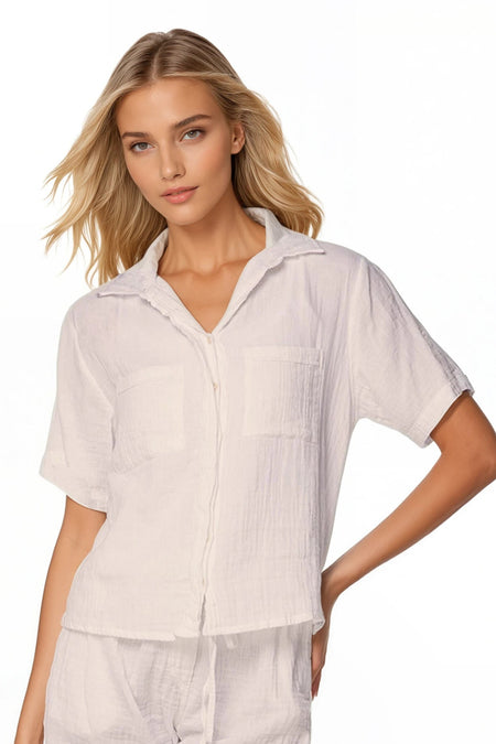 Boyfriend White Cotton Shirt with Mandarin Embroidery