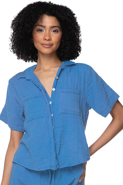 Subtle Luxury Shirts XS/S / Pool Blue / 100% Cotton Double Gauze Double Gauze Cropped Cotton Getaway Solid Camp Shirt