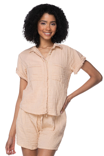Subtle Luxury Shirts XS/S / Sand / 100% Cotton Double Gauze Double Gauze Cropped Cotton Getaway Solid Camp Shirt