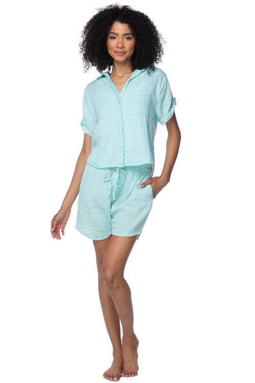 Subtle Luxury Shirts XS/S / Sea / 100% Cotton Double Gauze Double Gauze Getaway Camp Shirt in Sea