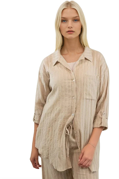 Subtle Luxury Shirts XS/S / Tan / 100% Cotton Gauze w/ Lurex Cotton Gauze with Lurex Stripes Wanderlust Button Front Shirt