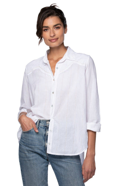 Subtle Luxury Shirts XS/S / White/Gold Lurex Embroidery / 100% Cotton Chambray The Jolene Western Inspired Shirt in Chambray