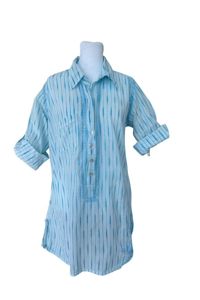 Subtle Luxury Shirts XS/S / White with Tidepool Ikat / 100% Cotton Boyfriend Embroidery Shirt in Cotton Novelty Stripes & Ikat