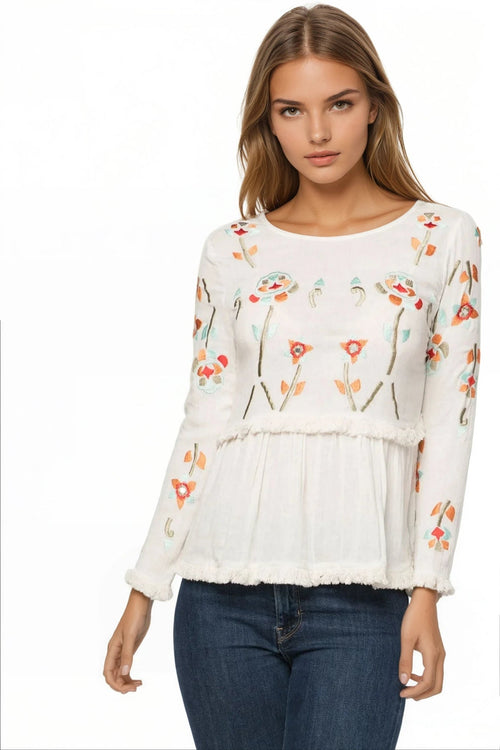 Subtle Luxury Shirts XS/S / WHT/MULTI / 100% Cotton Layla Cotton Gauze Top with Embroidery