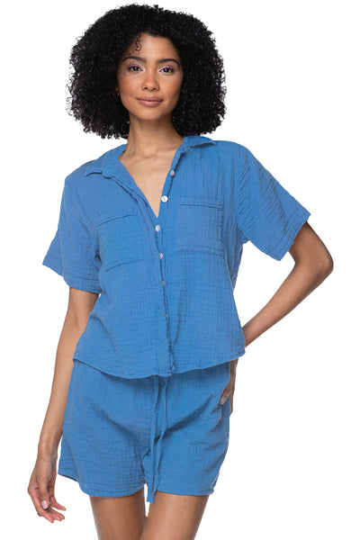 Subtle Luxury Shorts S/M / Pool Blue / 100% Cotton Double Gauze Double Cotton Gauze Getaway Lounge Solid Drawstring Short