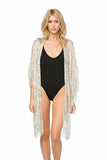 Subtle Luxury silk kimono coverup with bell sleeves and geo squared print worn by a model over a black swimsuit
