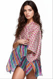 Subtle Luxury silky crop kimono coverup featuring a vibrant pink floral and multi-colored geometric print pattern.