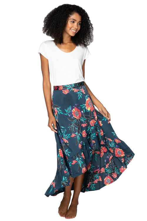 Subtle Luxury Skirt S/M / Navy / 100% Polyester High Low Wrap Skirt in Summer Bloom