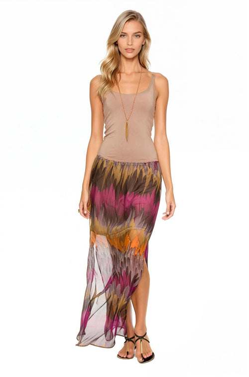 Subtle Luxury Skirt XS/S / Feather Strokes Purple 100% Silk Print Maxi Skirt