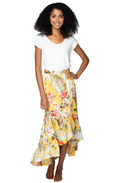 Subtle Luxury Skirt XS/S / Gold / 100% Polyester High Low Wrap Skirt in Golden Hour Floral Print