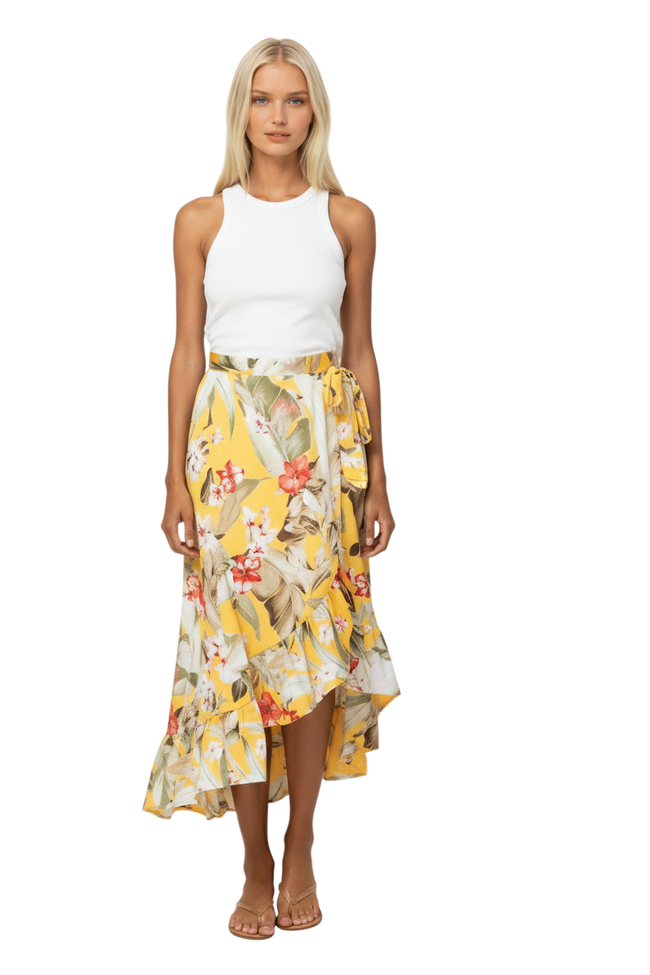 High Low Flounce Wrap Skirt in Golden Hour Floral Print