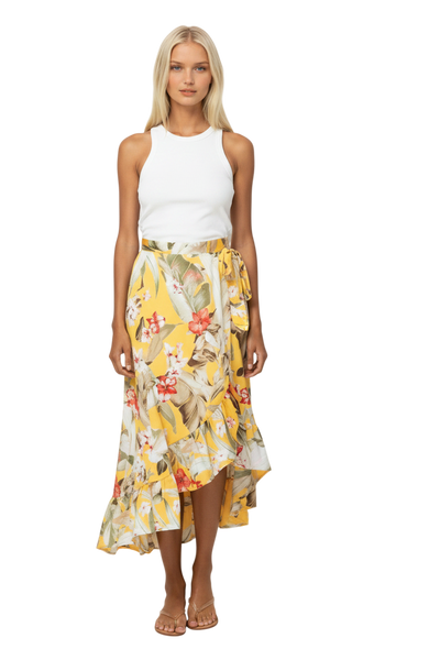 High Low Flounce Wrap Skirt in Golden Hour Floral Print