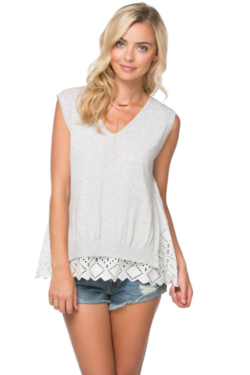 Subtle Luxury Sleeveless Sweater XS/S / AE-Fog Sleeveless Eyelet Trim Sweater with Woven Vintage Eyelet