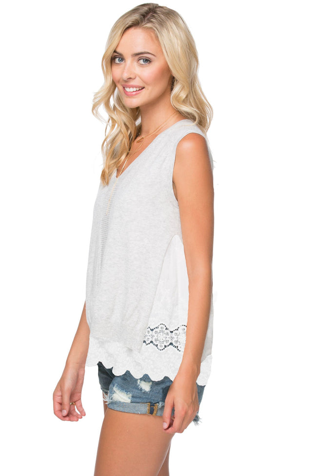 Subtle Luxury Sleeveless Sweater XS/S / SF-Fog Sleeveless Eyelet Trim Sweater with Woven Vintage Eyelet