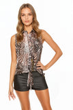 Subtle Luxury Sleeveless Top Sleeveless 100% Silk Print Tie Front Top