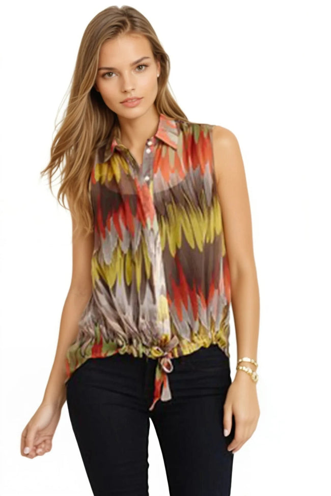Subtle Luxury Sleeveless Top XS/S / FS-ORG Feather Strokes Orange Sleeveless 100% Silk Print Tie Front Top