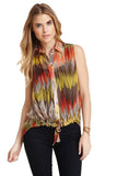 Subtle Luxury Sleeveless Top XS/S / FS-ORG Feather Strokes Orange Sleeveless 100% Silk Print Tie Front Top