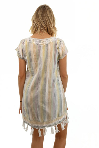 Subtle Luxury Sundress Fringe Tassel Sundress in Cotton Desert Stripe