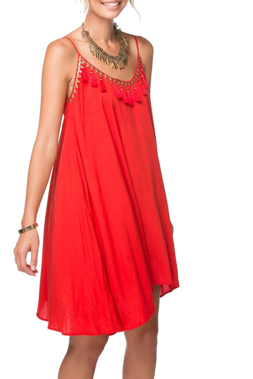 Subtle Luxury Sundress M/L / Red / 100% Rayon Short Tassel Dress with Golden Bead Trim