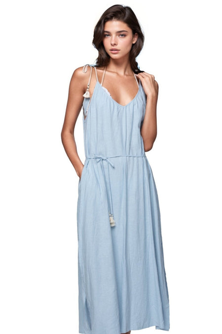 Aubrey Embroidery Cotton Sundress in Chambray with Lurex Trim