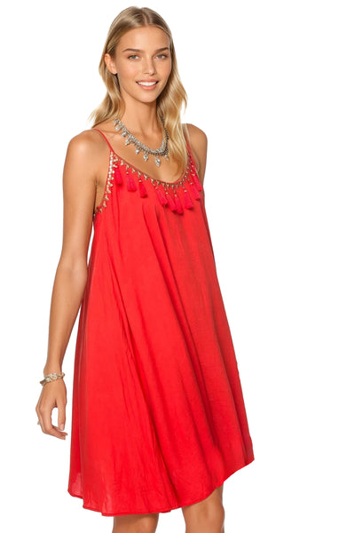 Subtle Luxury Sundress Short Tassel Tank Camisole Dress with Golden Bead Trim Details