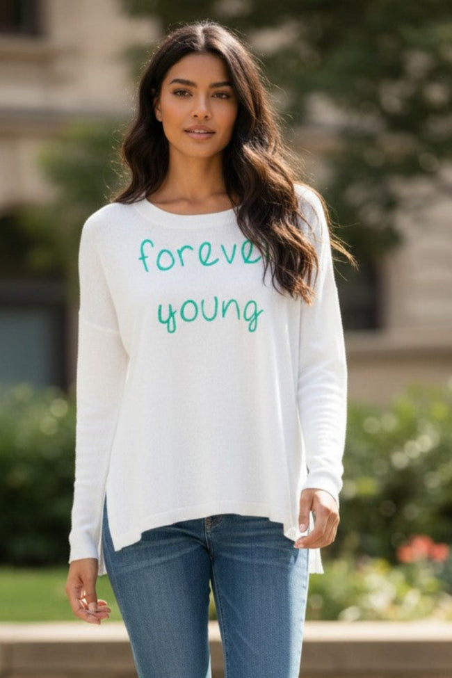 subtle-luxury-sweater-Zen Jane Drop Shoulder Crew "Forever Young" Embroidery white with turq