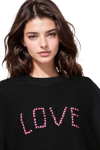 Subtle Luxury Sweater Chunky Cotton Blend Pullover Sweater- Cross Stitch "Love" hand embroidery