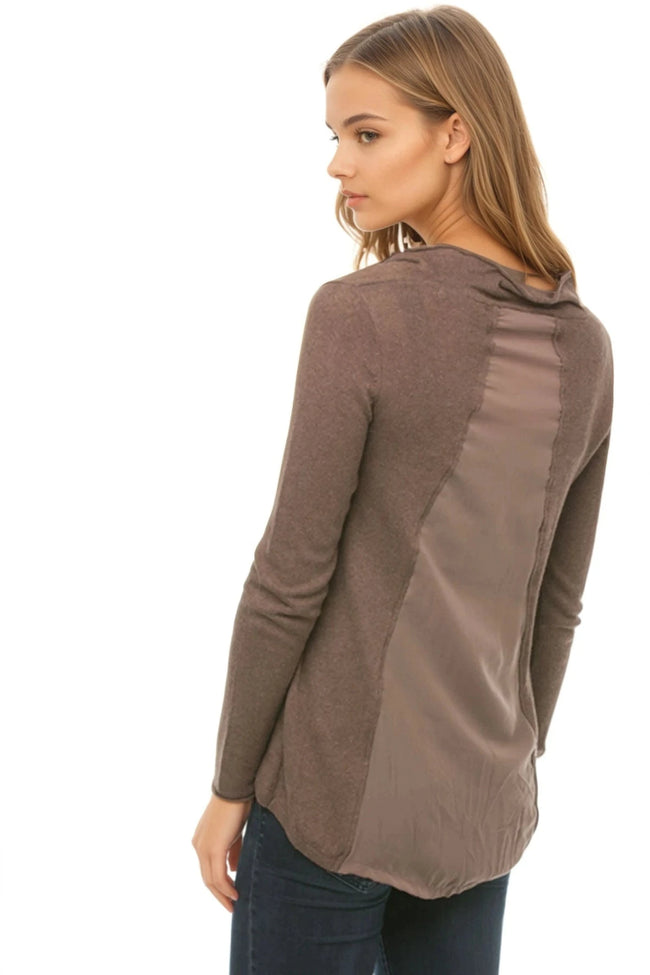 Subtle Luxury Sweater Cross Over Mock Neck Mixed Media Back Panel Sweater