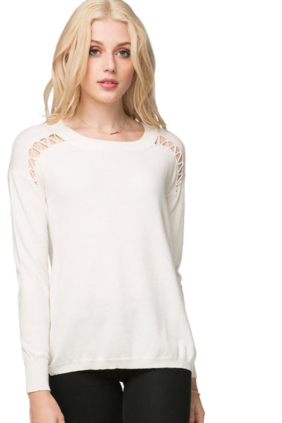 Subtle Luxury Sweater Ella Lace Up Detail Pullover / S/M / White Ella Lace Up Detail Pullover Cotton Cashmere Sweater on Sale Now