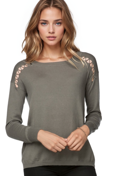 Subtle Luxury Sweater Ella Lace Up Detail Pullover / XS/S / Olive Ella Lace Up Detail Pullover Cotton Cashmere Sweater